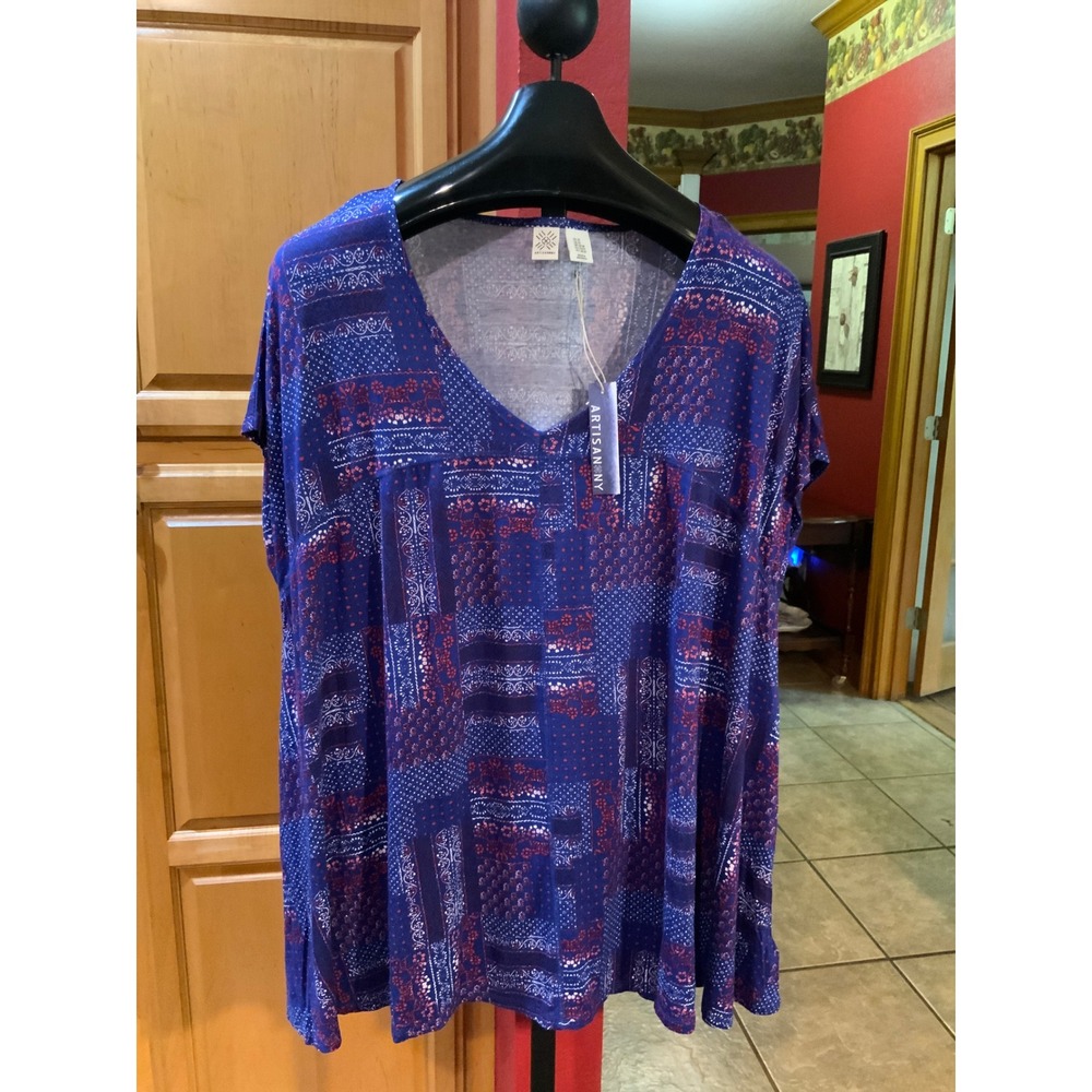 Artisan NY Womens 3X‎ Blue Patchwork V-Neck Short Sleeve Blouse NWT